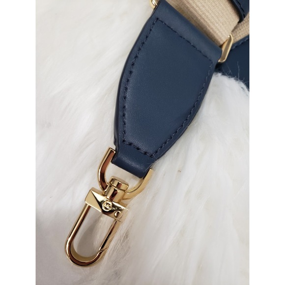 50" Michael Kors Gold Navy Blue Canvas Handbag Shoulder Crossbody Webbing Strap - Picture 2 of 5